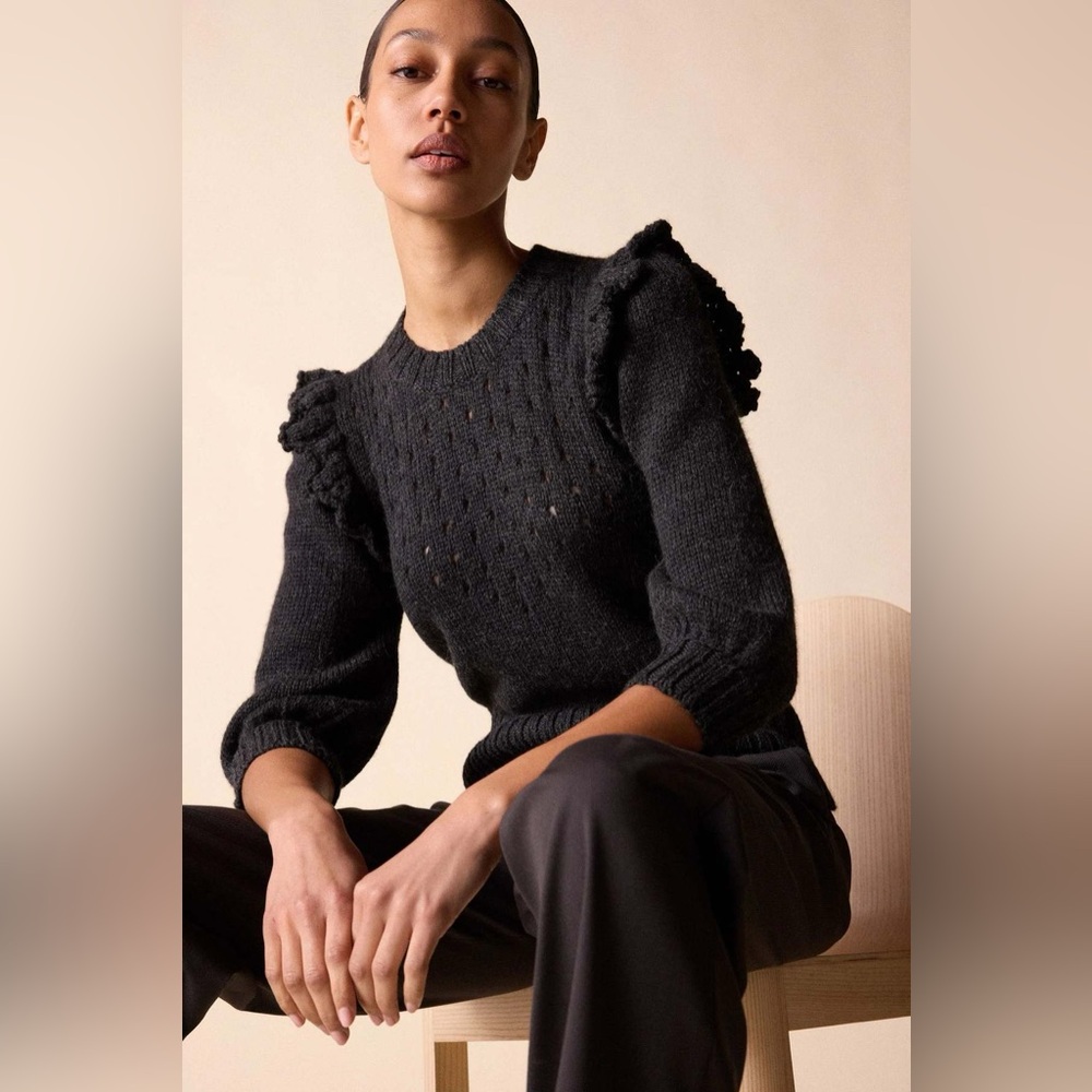 St. Roche Zadie Ruffle Pointelle Sweater - Charcoal